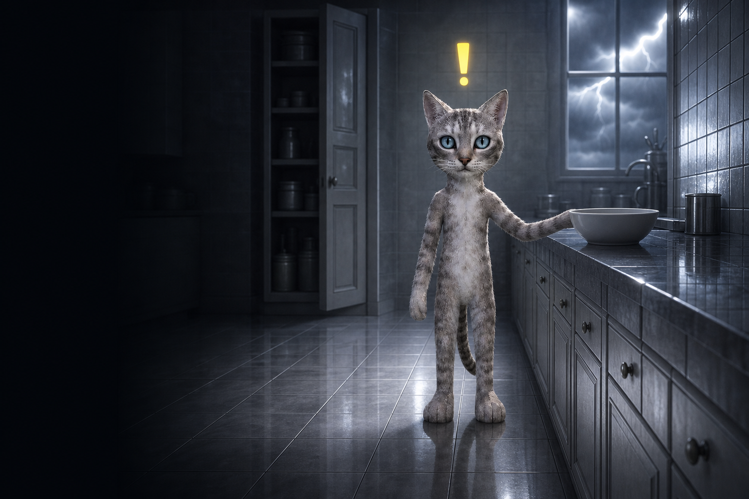 NPC CAT in a dark tiled kitchen with a storm at the window, one paw resting on an empty bowl